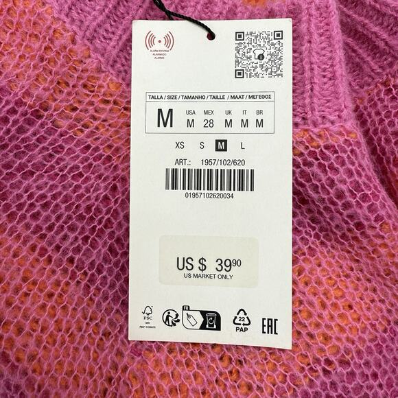 Zara Fuzzy Striped Cropped Sweater M Pink Orange Soft Knit Barbiecore Dopamine - Picture 7 of 10